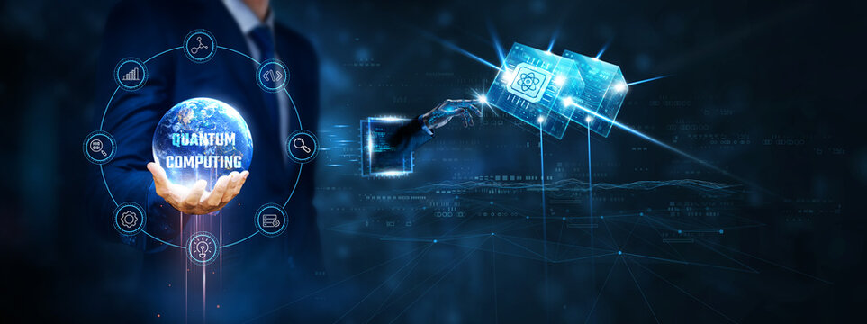 Quantum Computing: Businessman hand hold and robot touching on quantum computing technology on virtual interface. Superposition, entanglement, high-speed processing, complex problem solving.