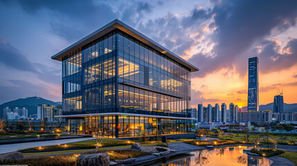 Obraz premium Large glass building with a city skyline in the background. The building is lit up at night, giving it a modern and sleek appearance