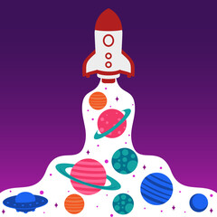 Flying Rocket Illustration with Stars and Planets for Children's Products