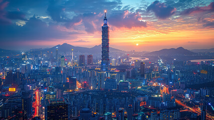 Fototapeta premium A glowing city skyline featuring a prominent skyscraper at twilight. The vibrant lights of the city contrast with the colorful sunset, with mountains visible in the background.