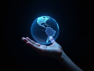 hand holding blue earth globe hologram on black background, technology development concept.