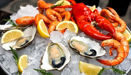 A gourmet seafood platter with oysters, lobster, and shrimp, generative ai