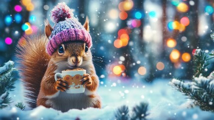 Obraz premium Squirrel wearing a knitted hat drinking hot cocoa in snowy winter.