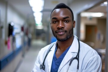 Fototapeta premium Portrait of a young African American male doctor in hospital