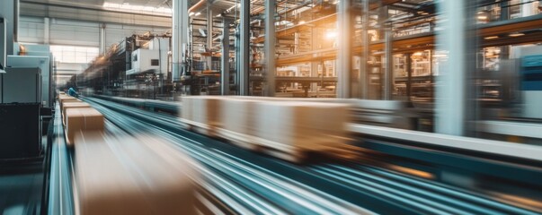 Fast-moving conveyor belt in a modern factory setting. Industrial production line with packages in motion