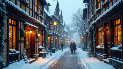 Obraz premium Generative AI, a couple of people walking down a snow covered street next to buildings with lights on them and a clock on the side of the building, magical atmosphere, a matte painting, arts and craf 