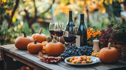 Autumn harvest setup with pumpkins and wine on a rustic outdoor table.