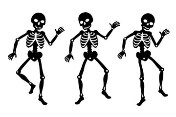 Skeletons dancing with different positions flat style design vector illustration set. Funny dancing Halloween or Day of the dead skeletons collection. Creepy, scary human bones characters silhouettes.