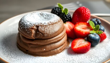  chocolate soufflé with powdered sugar and fresh berries, generative ai