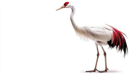 Elegant crane with white feathers and red crown on white isolate background
