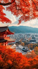 Vibrant Autumn Skyline of Kyoto with Red Maple Trees and Temple.