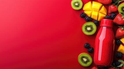 Healthy fruit juice surrounded by fresh fruits on a vibrant red background.
