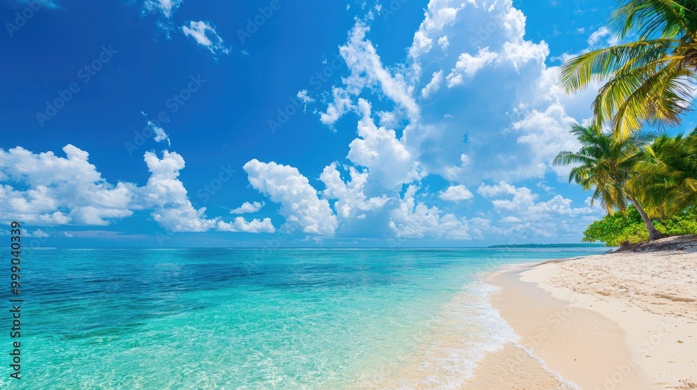 Wall mural tropical beach with clear water, palm trees, and vibrant blue sky, white sandy shore.