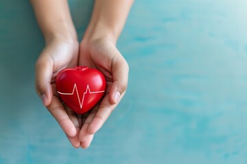 Hands supporting a red heart with a heartbeat, focusing on health and wellbeing.