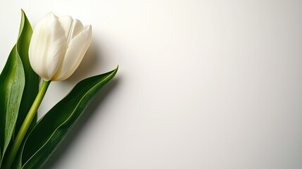 Fototapeta premium White tulip flower on a soft white background, elegant and minimalistic feel.