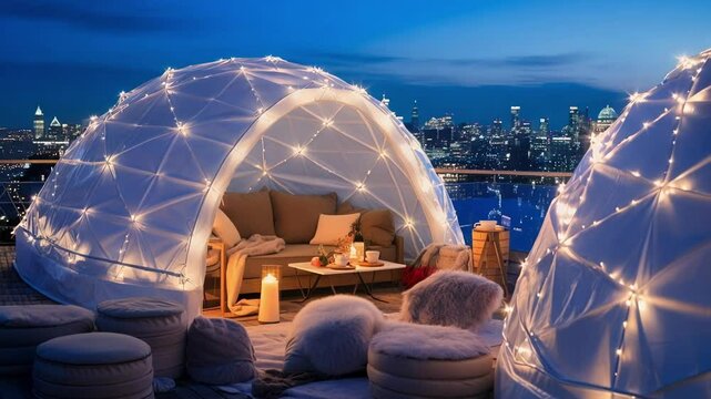 Rooftop dinner setting with transparent igloo domes lit with string lights, creating a cozy and romantic ambiance overlooking the city skyline at night