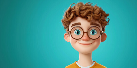 Cute boy with freckles and glasses smiling on blue background