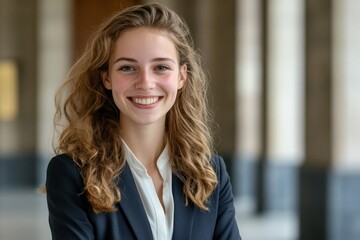 A young woman with curly hair smiles confidently while wearing a dark blazer and a white blouse. She stands in a well-lit corridor with blurred architectural details in the background