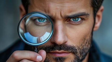 Close-up of man holding magnifying glass, focusing on blue eye. Detailed inspection, scientific research, discovery, detective work, personal investigation, optical focus
