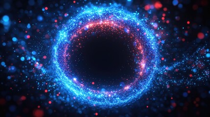 Obraz premium Abstract glowing blue and red ring of particles with black center.