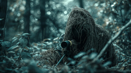 Sniper in camouflage suit, hidden in forest, holding rifle with scope, concealing among vegetation, tactical operations concept