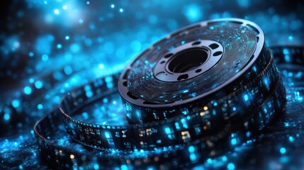 Coiled movie film reel with glowing blue particles scattered around, representing the magic of cinema and the movie industry in a creative way