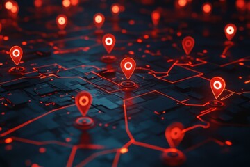 Digital Map with Multiple Red Location Pins on a Dark Background.