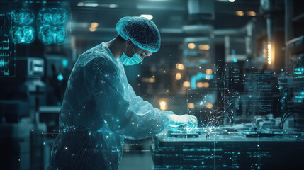 Surgeon working in a futuristic operating room with digital holographic data projections, representing advanced medical technology and innovation in healthcare