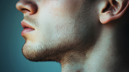 Close-up of adult male face, side profile, with stubble beard, natural skin texture, facial hair concept