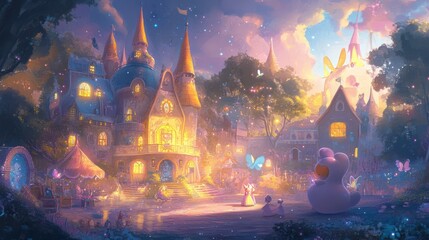 Obraz premium Fantasy Town Square at Dusk with Magical Lights and Characters