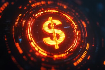 Glowing Neon Dollar Sign in the Center of a Circular Digital Interface on a Black Background.