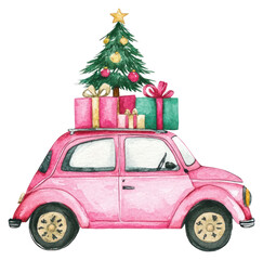 PNG Christmas car christmas tree watercolor.