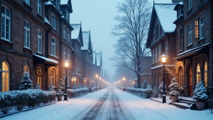 Generative AI, a snowy street with a church in the background and a light pole in the foreground with a clock tower in the distance, winter, a matte painting, heidelberg school

