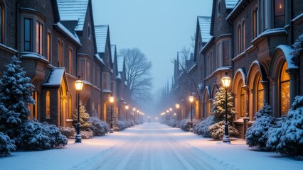 Generative AI, a snowy street with a church in the background and a light pole in the foreground with a clock tower in the distance, winter, a matte painting, heidelberg school
