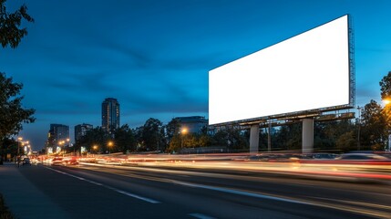 Blank Billboard Displaying at Night on City Street