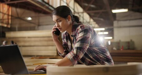 Woman, laptop and carpenter, phone call and networking in workshop for typing project idea. Woodworker, communication or read feedback on computer, customer and worker in warehouse for manufacturing - Powered by Adobe