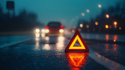 Reflective triangle warning sign on wet road at night, blurred car lights in background, accident safety concept