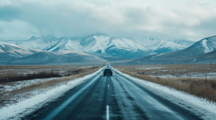 Car driving along winter road towards snow-capped mountains, surrounded by a barren landscape, travel concept