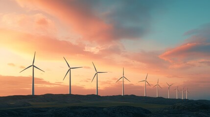 Obraz premium Coastal Wind Farm at Sunset in Renewable Energy Landscape