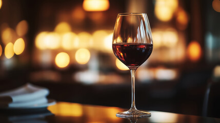 Elegant glass of red wine, reflective background, moody lighting, close-up, wine appreciation concept