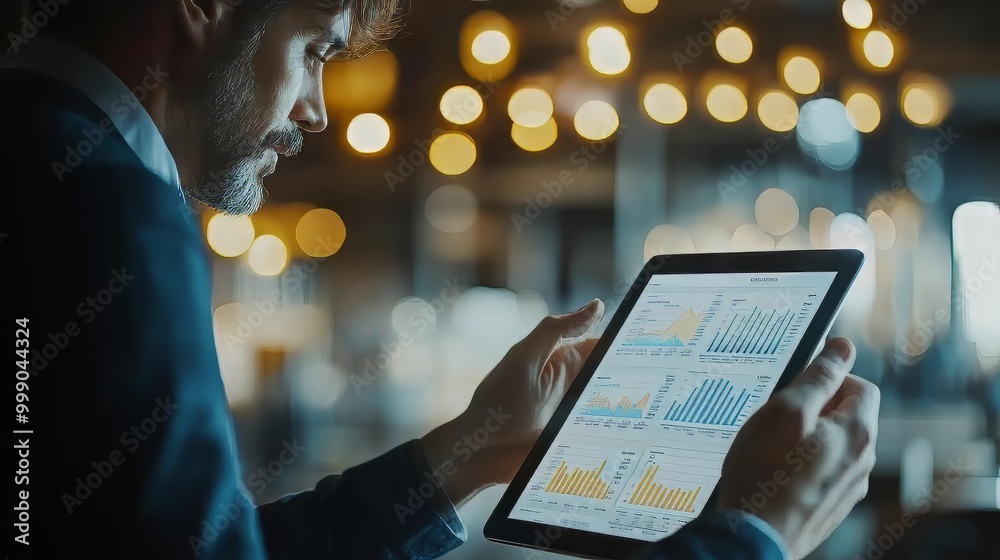 Wall mural business person analyzing financial statistics displayed on the tablet screen. analysis data. ultra 