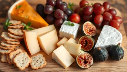 A high-end cheese board with various cheeses, grapes, generative ai