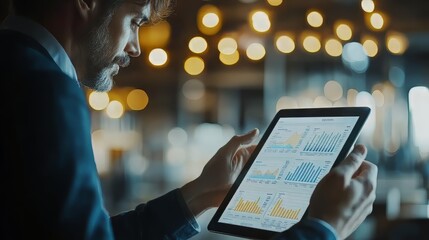 Business person analyzing financial statistics displayed on the tablet screen. analysis data. Ultra realistic. Photorealistic