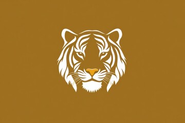 A stylized white tiger head illustration on a brown background. The tiger features sharp eyes and detailed facial markings, emphasizing its fierce expression