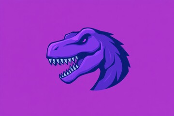 A stylized illustration of a purple dinosaur head with sharp teeth on a solid purple background