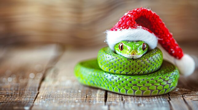 highly realistic green wooden snake with textured wooden surface curled elegantly center snake wearing traditional white Santa adding festive touch natural earthy appearance background neutral allowin