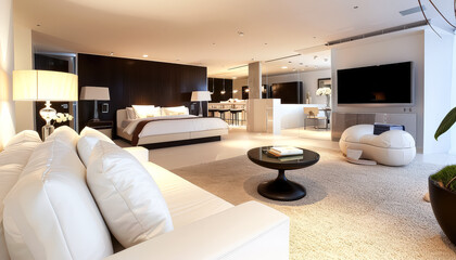 Large living room with a white couch, a white bed, and a white coffee table. The room is well lit and has a modern, clean look