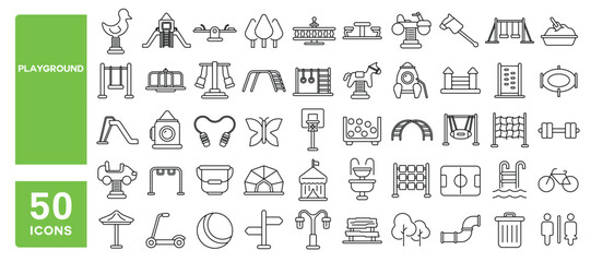 Set of 50 line icons related to playground, area, kid, children, playful, activity, bouncy, swing, sandbox, outdoor, horse, castle, kindergarten, Editable stroke. Vector illustration