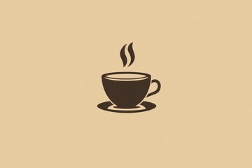Minimalist illustration of a steaming brown coffee cup on a beige background