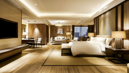 Fototapeta premium Large, well-lit room with a bed, a couch, and a television. The room is decorated in a modern style with a warm, inviting atmosphere